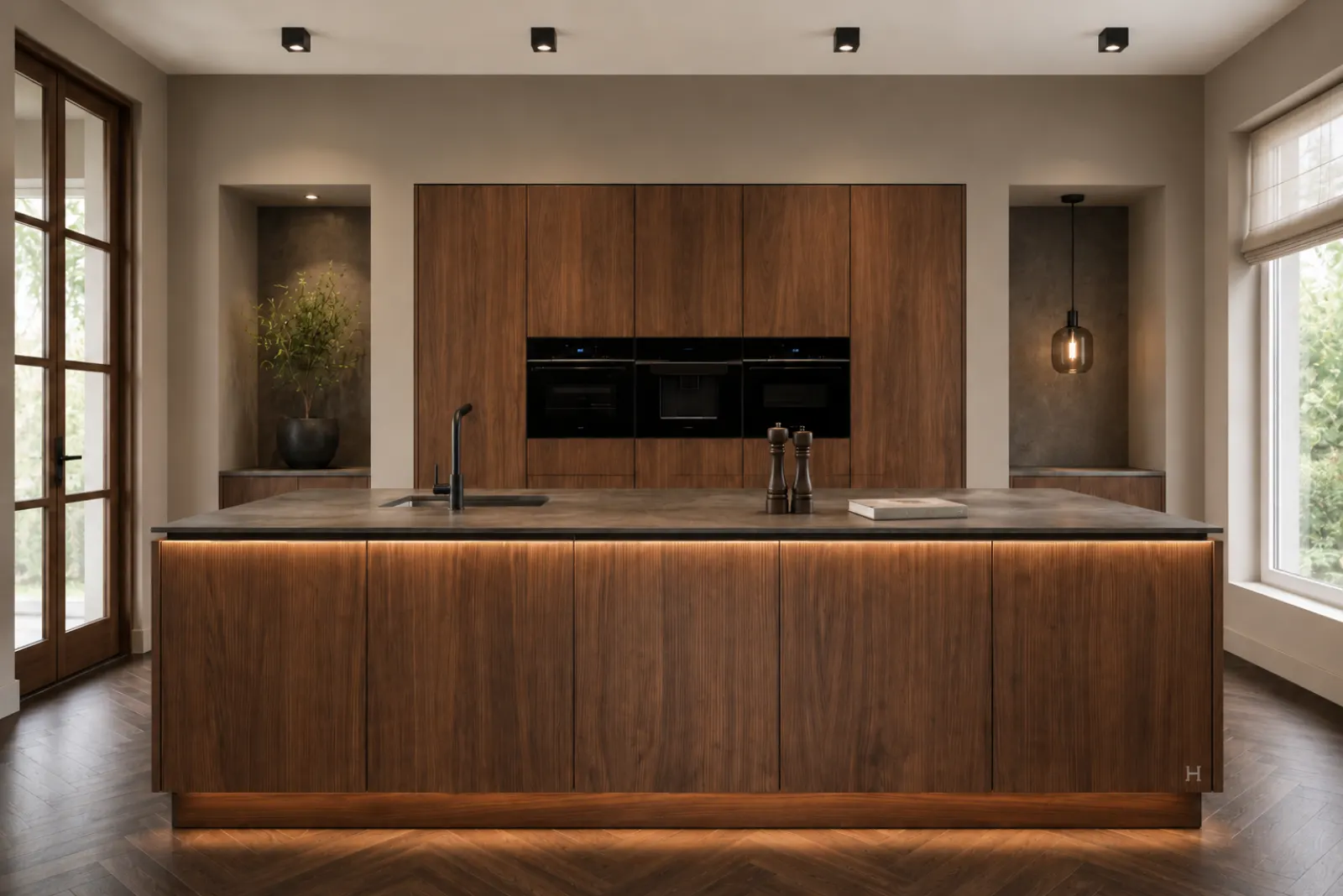 Keuken op maat met houten fronten en ingebouwde apparatuur